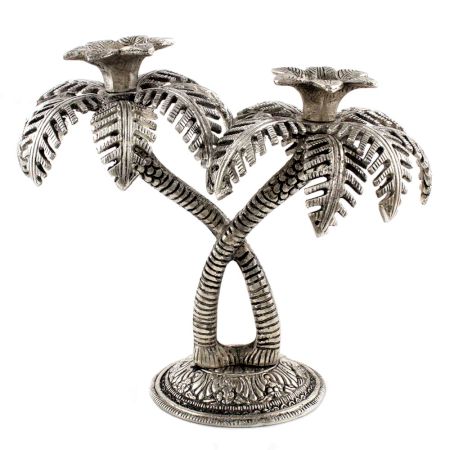 Silver Double Palm Tree Aluminium Candle Stand